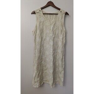 Terzo Millennio Linen Dress L Embroidered Floral Shift Beachy Boho Italy Cream